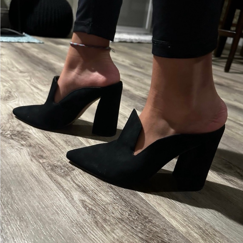 Marc Fisher Black Suede Mules with Geometric Heel